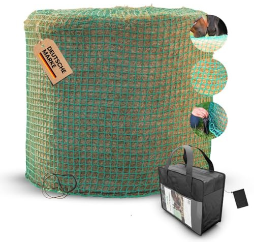Farmilia® Heunetz für Pferde - Ideal für Rundballen bis ø190cm I Robustes Rundballennetz - UV-geschützt & wetterfest I Großes Heunetz inkl. Tragetasche - 45x45mm Maschen für langsames Fressen