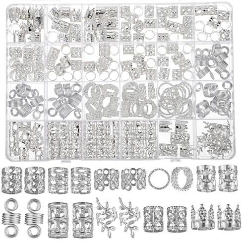 Tyqour 220 Stück Dreadlocks Schmuck Wikinger Haarschmuck Silber Piraten Haarschmuck Pirate Accessoires Damen Metall Haarringe für Zöpfe Verstellbar Cuffs Haarperlen Haarspiralen für Braids Zubehör