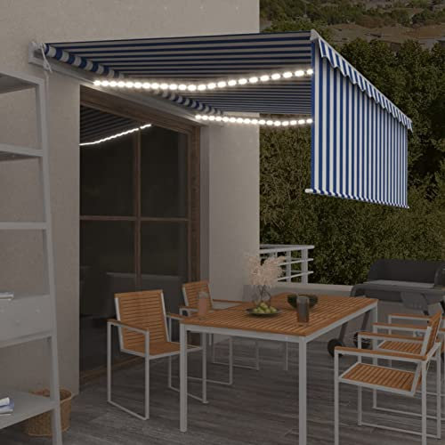 IKAYAA Elektrische Gelenkarmmarkise mit Rollo LED, Gelenkarmmarkise Einziehbar 4.5 x 3 m, Versenkbaren Markise, Markise Gelenkmarkise, Sonnenmarkise Terrassenmarkise, Blau und weiß