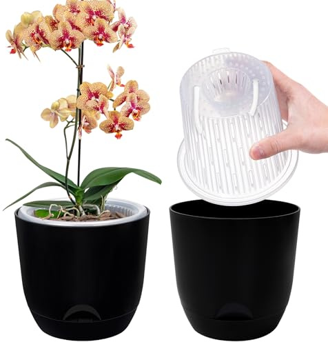 QCQHDU 2Pack Pot pour Orchidées Transparent, 18,3 Cm Pot De Fleur Intérieur, Bac À Réserve d'eau pour Plante Intérieur, Double Couche Auto-Irrigation avec Circulation d'air Optimale（Noir Pur）