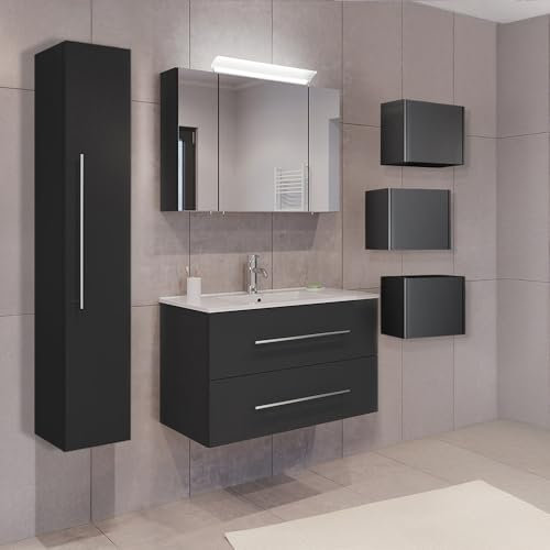 Lomadox Badezimmermöbel Badmöbel Set 2-teilig, Waschtisch Waschplatz 90cm breit mit Waschbecken, 2 Softclose-Schubladen und LED Spiegel, in grau