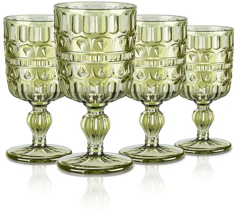 Joeyan 300ml Grün Weingläser,Set von 4 Vintage Relief Kelche mit Stiel,Farbig Weinkelche Landhausstil für Saft Getränke,Bunt Rotweingläser Weißweingläser,Retro Trinkgläser mit Fuß, Spülmaschinenfest