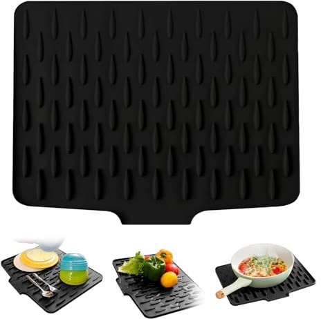 Escurridor de platos, 40x32cm. Protector de encimera a prueba de fugas, fabricado en silicona resistente al calor y antideslizante. Escurridor plegable con estructura ranurada (negro)