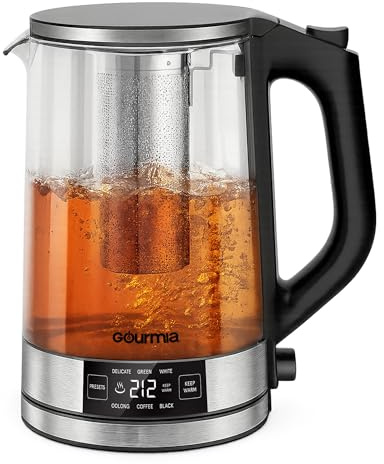 Gourmia Programmable Digital Glass Kettle – 1.7L Adjustable Temperature Electric Kettle with 6 Presets, Keep Warm, Stainless Steel Tea Infuser, 360° Swivel Base, Black