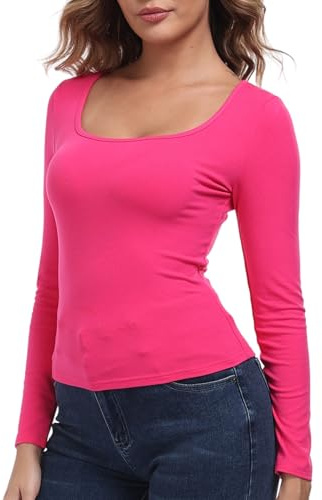 EVELIFE Camisetas de manga larga para mujer, cuello de pico, camiseta suave lisa elástica ajustada, camiseta interior para damas, básica térmica ligera, rosa, XL