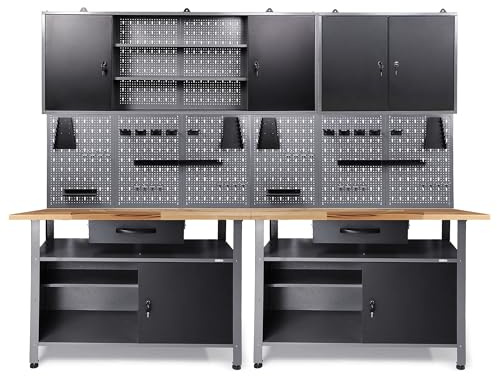 Ondis24 Werkstatt Set Klaus 240 cm – 2 Werkbänke, Werkzeugschränke 80 cm & 160 cm, 6 Lochwände mit 22-TLG. Hakenset, Massive Holzplatte, höhenverstellbar