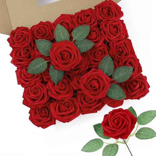 DuHouse Künstliche Rosen, 50 Stück Schaumrosen, für Hochzeit Deko,Dunkelrot | Kunst Rosen mit Stiel, künstlich blumen wie echt, für Heimdekoration, Hochzeitsstrauß, Tafelaufsatz, Blumenarrangement