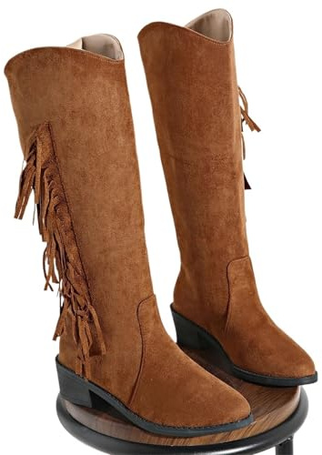 DASJKDI Brun dam knähöga moderna stövlar runt huvud tofs slip-on western cowboy knight damskor (41)