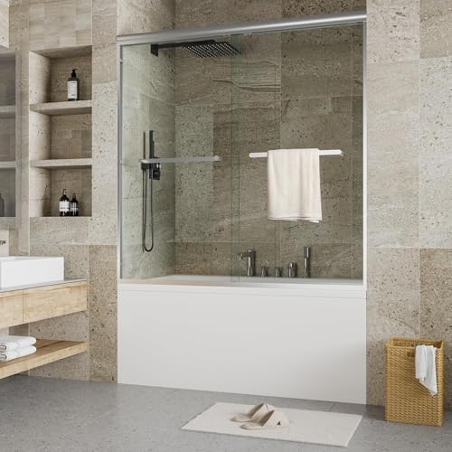 GarveeTech 56-60 Inch W× 59 Inch H Double Sliding Shower Door, Semi-Frameless Bypass Bathroom Door with 1/4 Tempered Glass, Brushed Nickel Finish for Walk-in Shower or Bathtub Enclosure
