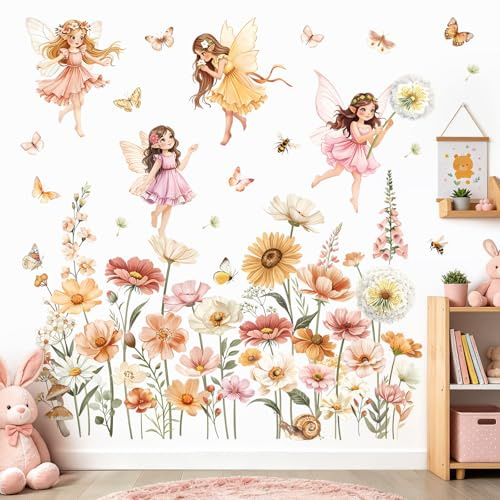 decalmile Wandsticker Fee Blumen Boho Wandtattoo Wildblumen Elfen | Abziehbare und Aufklebbare Wandaufkleber, DIY Abnehmbare Wandkunst Abziehbilder, Wandfreundlich, Leuchtenden Farben