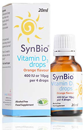 SynBio Vitamin D3 Liquid Drops [100 IU/Drop] (20ml) | Orange Flavour | Peanut/Nut Free | Vegetarian | SOYA Free | Dairy Free | Sugar Free | Suitable for Infants & Adults