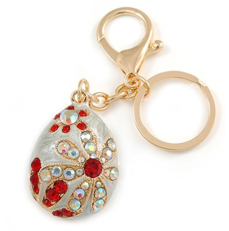 Avalaya Ab/Red Crystal Off White Enamel Happy Easter Egg Keyring/Bag Charm In Gold Tone Metal - 8cm L