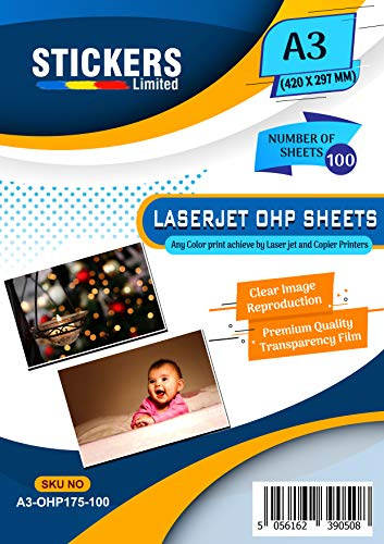 100 Sheets A3 of Overhead Projector Film or Clear 100 Mic OHP Translucent Sheets for Color LaserJet, Copier Printers #A3-LO175-100 Sticker Limited