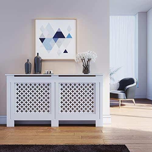 ELEGANT Radiator Covers Large Modern White Cross Slat Painted Cabinet, 19Dx152Wx82H cm | Modern MDF Wood Radiator Shelve for Living Room/Bedroom/Kitchen/Hallway