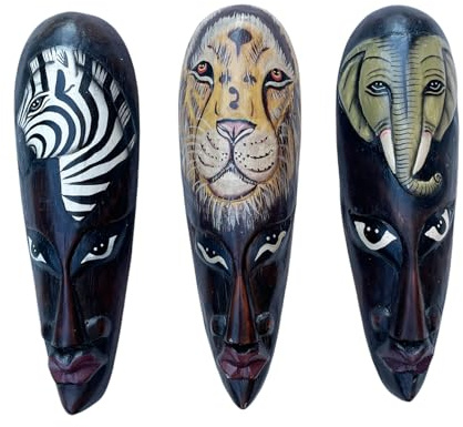 OMA African Mask Wall Hanging Decor African Tiki Masks Wooden Wall Sculptures Set of 3, Zebra Safari Theme Home Decor, Hand Painted Tropical Jungle Decor, 12 High