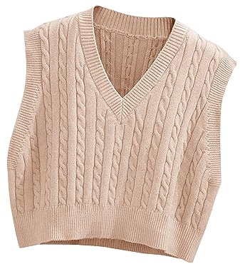 Lailezou Women's V-Neck Knit Sweater Vest Solid Color Argyle Plaid Preppy Style Sleeveless Crop Knit Vest