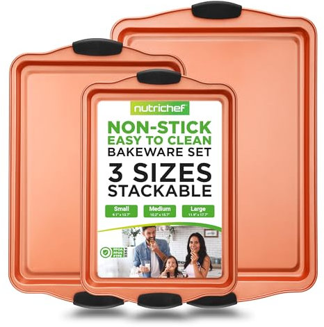 NutriChef Non-Stick Baking Tray Set 3-Piece, Stackable Carbon Steel Oven Trays, Cookie Sheet, Copper Bakeware with Black Silicone Handles, Space-Saving Kitchen Pans