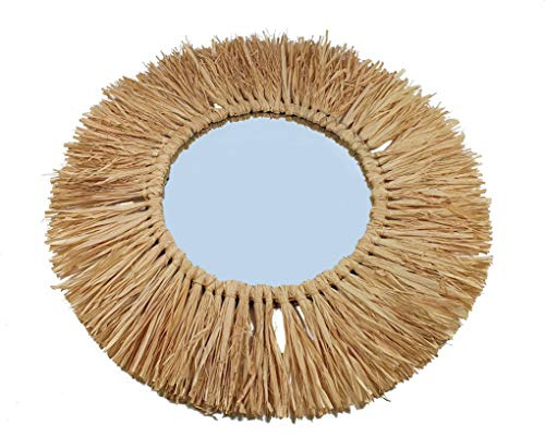 Spetebo Wandspiegel mit Bastrahmen - 55 cm - Deko Raphia Hänge Spiegel Flurspiegel rund mit Dekor
