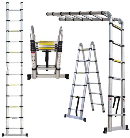 3.8M Scala Telescopica in Alluminio, Portable Estensione telescopica pieghevole Scala (1.9M+1.9M), Multiuso Allungabile Scaletta Alluminio Scala Biblioteca, Carico Massimo 150 kg