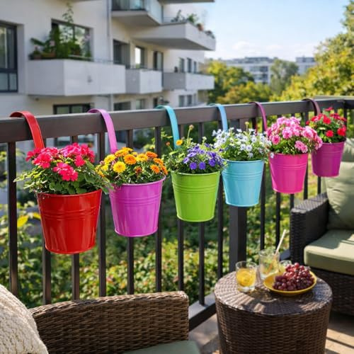 DRULINE 6er Set Blumentopf hängend - Hängetopf - Pflanztopf - Übertopf - Hängeblumentopf - Metall - Ø 13 cm - mit abnehmbaren Haken Bunt Farben