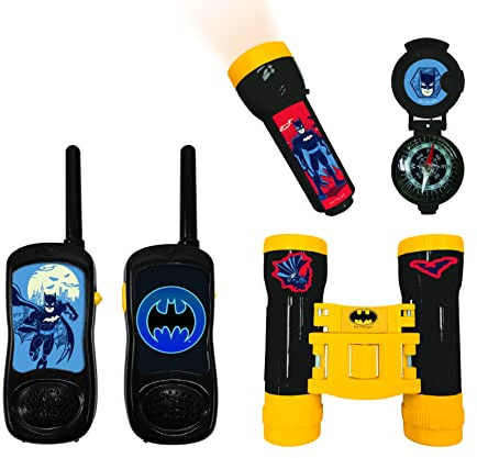 LEXIBOOK Batman – Set de Aventurero Completo para niños, Walkie-Talkies, Binoculares, Linterna, Brújula, Azul/Amarillo, RPTW11BAT