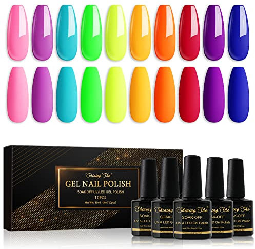 Shining She UV Nagellack Set Neon,10 Farben Fluo Pack Rose Grün Gelb Orange Blau Lila Sommer Gel Nagellack,Soak-Off UV Gel Nail Polish Set für Anfänger Maniküre Salon, 8ML