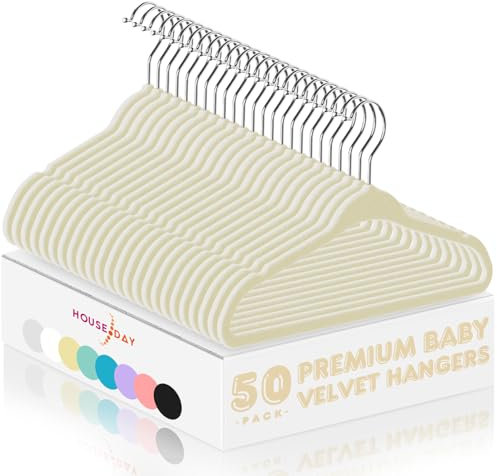 HOUSE DAY Samt-Kleiderbügel für Babys, 50 Stück, Premium-Kinderbügel für Baby-, Säuglings- und Kleinkindkleidung, langlebige, rutschfeste Baby-Filz-Kleiderbügel, Beige, 27,9 cm Baby-Kleiderbügel für