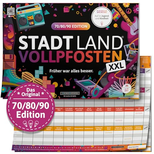 DENKRIESEN Stadt Land VOLLPFOSTEN 70/80/90 Edition | DIN A3 Spielblock | XXL-Spielblock mit nostalgischen 70er-, 80er- und 90er-Kategorien, ideal für Familie und abwechslungsreiche Spielrunden.