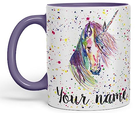 Vixar Personalised with Your Text Unicorn Watercolour Art Coloured Ceramic Mug Cup Gift 330ml 11oz Custom Work Office Tea Coffee (O2) (Purple)