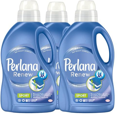 Perlana Renew Sport - Detergente líquido para ropa y lavadora - Cuidado activo - Elimina malos olores para tejidos deportivos, 24 lavados, 3 botellas de 1,44 l