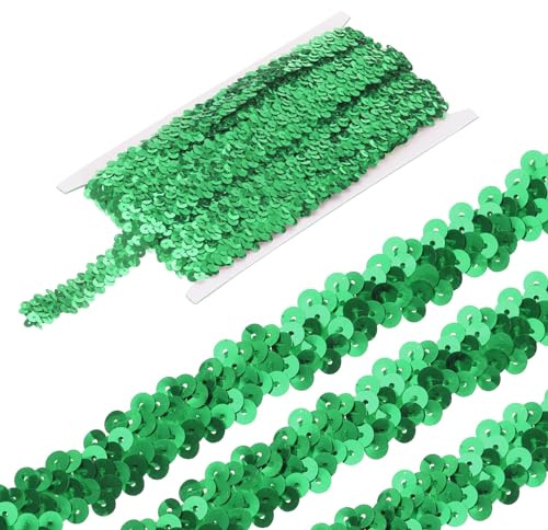 QUARKZMAN 11 Yardas 0.8 Pulgada Elástico Lentejuelas Recorte 2 Filas Plana Lentejuelas Tira Lentejuelas Tela Cinta para Manualidades Bricolaje Lentejuelas Flecos Costura Verde