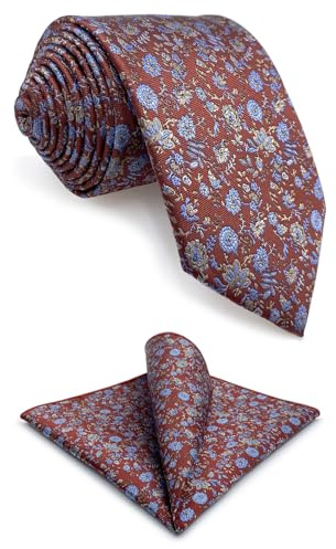 S&W SHLAX&WING Krawatte für Herren Rot Mittelgroß Vermillion Blau Blumen Krawattenset mit Einstecktuch Party XL