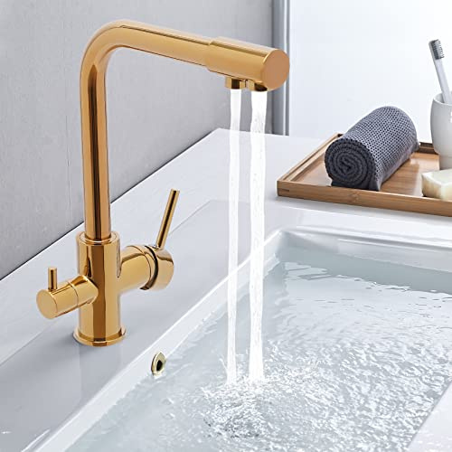 Grifo de agua potable de 3 vías, grifo de filtro de agua de cocina, grifo de acero inoxidable, latón ósmosis, grifo mezclador de encimera, fregadero de doble mango, temperatura ajustable, orificio