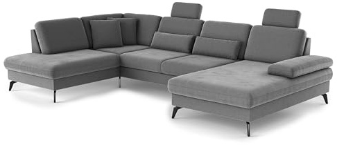Cavadore Wohnlandschaft Moritz / Sofalandschaft mit Longchair im trendigen Design, Sitztiefenverstellung, Kopfstützen und mattschwarzen Metallfüßen / 212 x 82-107 x 335 / Mikrofaser, Mittelgrau