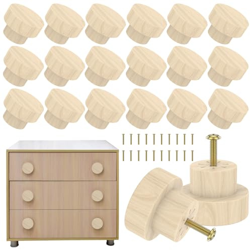 20Pcs Wooden Drawer Knobs Set, Flat Top Wooden Dresser Knobs, Unfinished Round Wooden Door Handles, Wooden Cupboard Door Knobs with Screws for Home Kitchen Office Drawer Cupboard Wardrobe Furniture