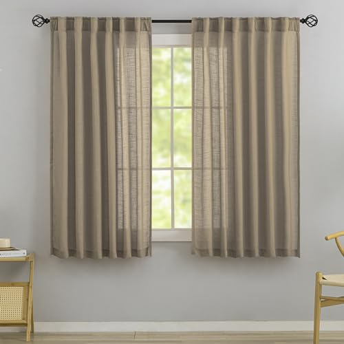 DONREN Taupe Burlap Linen Textured Curtains & Drapes for Children' Bedroom 63 Inch Length - 2 Panels Back Tab Hooks Belt Pleated Pocket Light Filtering Semi Sheer Curtain Drapes for Bathroom Window