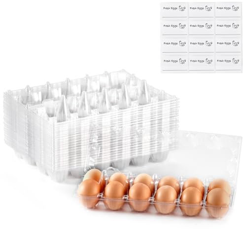 60PCS Egg Cartons Cheap Bulk 12 Count Chicken Egg Tray Holders with Sticker Labels for Fresh Medium Eggs, Clear Empty Chicken Egg Carton for Chicken Farm Business Market Home Refrigerator Storage