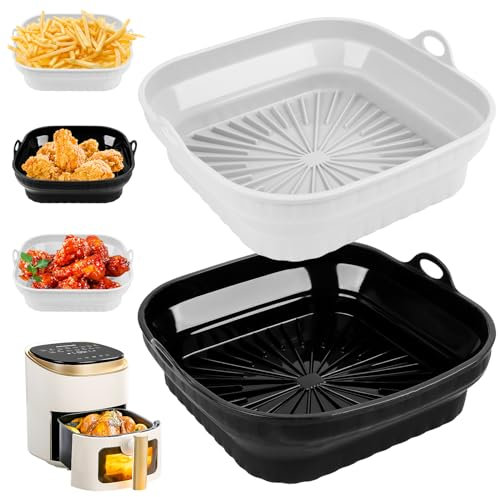 Wvu & Wvo Lot de 2 moules en silicone pour friteuse à air chaud - Pliable - 20,5 cm - Réutilisable au lieu du papier sulfurisé pour friteuse à air chaud - Pour micro-ondes, four (gris + noir)