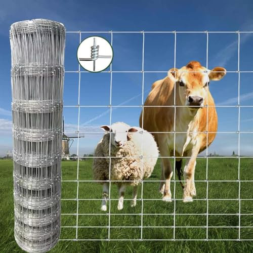 PRMTYUP Farmzaun Verzinkter Felddrahtzaun Schwerer Zinkbeschichtung Viehzaun Hirschzaun, Ziegenzaun, Schweinedrahtzaun Für Gartengarten & Tiere Schutz,Silber,H150XL2000CM
