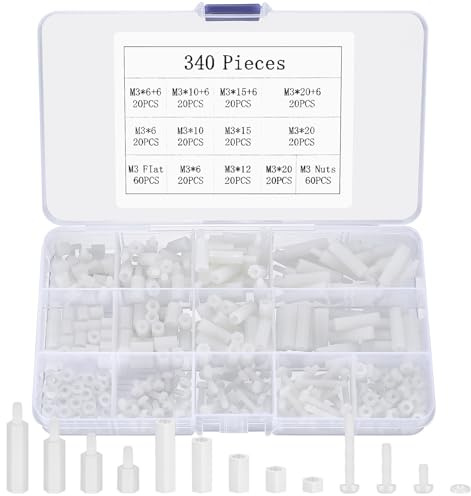 340 Stk M3 Schrauben Set, Kunststoff Schrauben und Muttern Set mit Unterlegscheiben, Weiß Nylon Rundkopfschrauben Muttern Set, metrische Innensechskantschrauben Set mit Nylon Abstandshalter