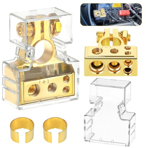 Zocipro Batterieklemmen Batterie Polklemmen 0/4/8/10 AWG Autobatterie Klemmen mit Unterlegscheiben und Abdeckung Positiv & Negativ Battery Terminal Anschlussstecker, Gold