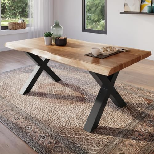 trelevo Esszimmertisch 180x90 cm Akazie naturfarben X-Gestell Baumkante | Akazienholz massiv, Tischplatte, schwarz, Baumkantentisch