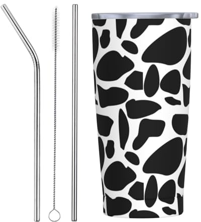 VOSERY Botella de agua de 20 onzas con tapa y popote, vaso aislado de acero inoxidable con estampado de vaca, taza de café de viaje, vaso personalizado