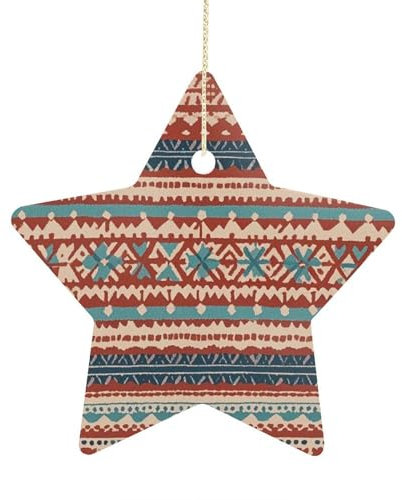 2024 Weihnachtsschmuck (6,9 cm) Boho Leinen Streifen Jacquard gedruckt Stern Anhänger Premium-Keramik für Weihnachten, Hochzeit, Urlaub, Party Dekor