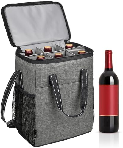 Kato Tirrinia 6 Bottles Wine Cooler Bag Insulated Bottle Bag, Wine Carrier Wine Gift Bag Portable with Strap Leakproof Padded for Picnic Party Camping Wine Gifts, Gery
