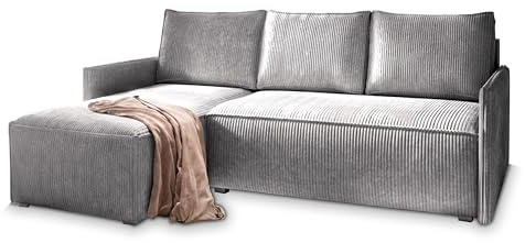 Masseno Ecksofa PERUSI mit Schlaffunktion L-Form, Sofa mit Bettkasten, Wohnzimmersofa, Couch, Soffa, Bettsofa, Couchgarnitur- Hellgrau, POSO 55