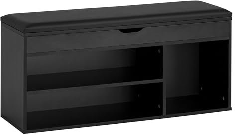 FineBuy Zapatero con asiento, 104 x 51 x 32 cm, piel sintética, color negro, banco de madera pequeño acolchado, banco estrecho con espacio de almacenamiento, baúl para zapatos