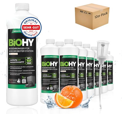 BiOHY Limpiador de suelos para robot de limpieza con aroma a naranja (12 x 1 litro) + dosificador, concentrado de limpieza para todos los robots de limpieza con función húmeda, sin espuma y sin rayas