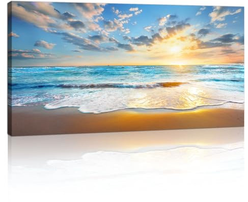 Grande Coucher de soleil Bord de mer Paysage Cadre En Bois Tableau Decoration Murale,Bleu Plage Paysage Marin Art Mural Impression Sur Toile Peintures Salon Chambre Bureau Cuisine Deco Murale 100x50cm