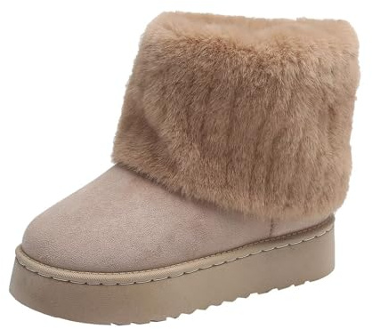 Kvinnor Faux Fur Mid Calf Snow Boots Varma Mocka Vinterstövlar Med Lurvigt Foder Och Halkfri Sula